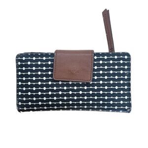 FOSSIL Logan Tab Clutch Wallet Black White Dots Brown Leather Trim Zipper‎